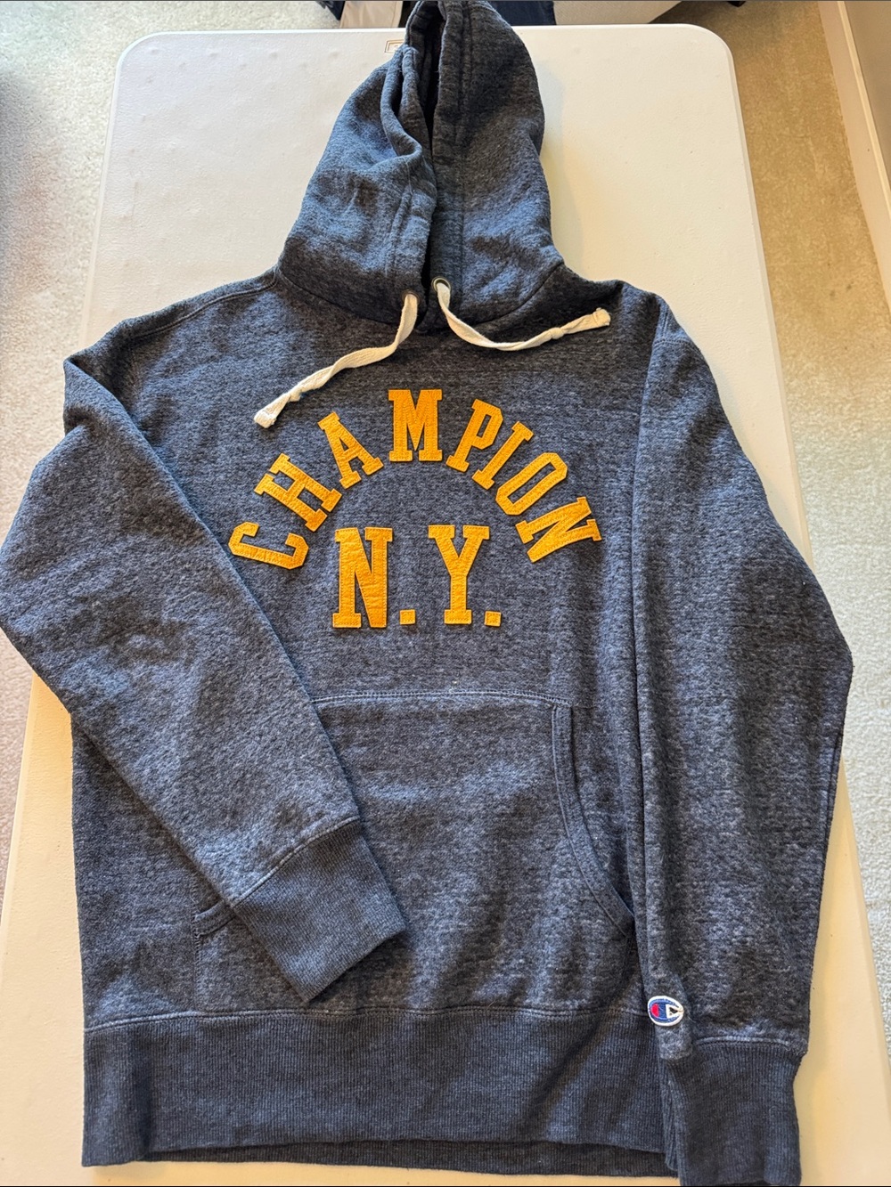 Champion Men's Heather Charcoal Crewneck Hoodie with Yellow Appliqué
